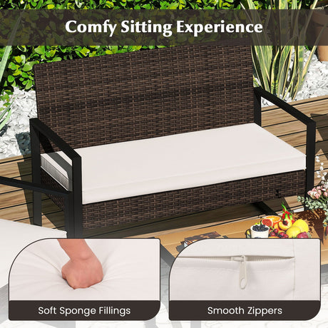 4 Piece Patio Furniture Set Outdoor Rattan Conversation Set with Cushioned Chairs and Wood Plastic Coffee Table-Off White