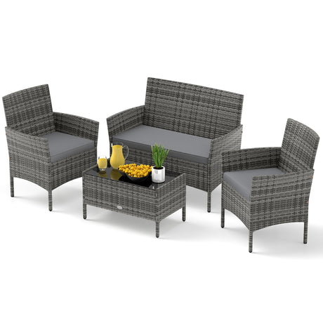 Juego de conversación de ratán para patio de 4 piezas con mesa de centro de vidrio templado