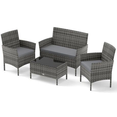 Juego de conversación de ratán para patio de 4 piezas con mesa de centro de vidrio templado