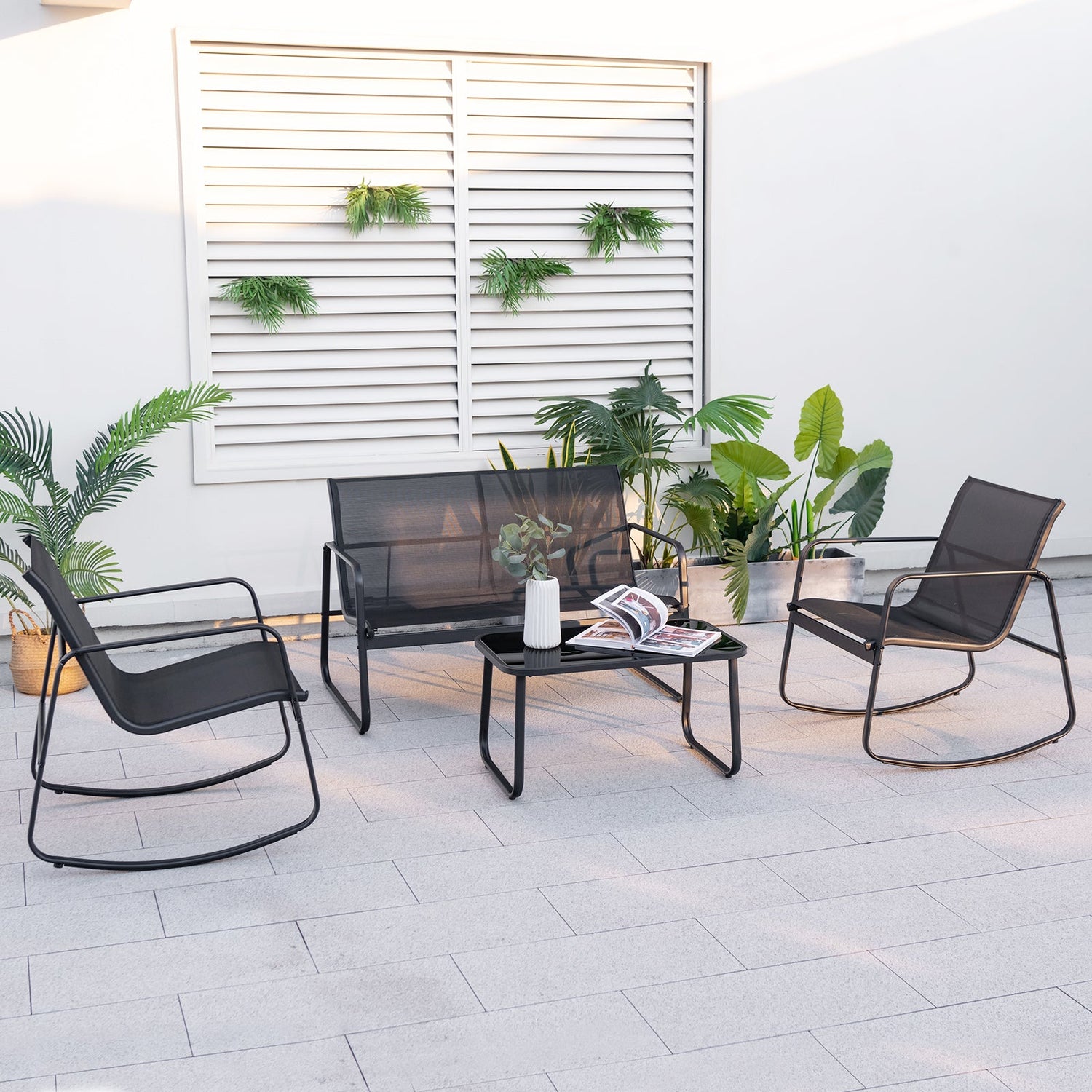 Juego mecedor de patio de 4 piezas con mesa de cristal