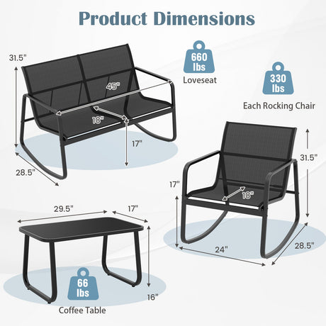 4 Piece Patio Rocking Set with Glass-Top Table