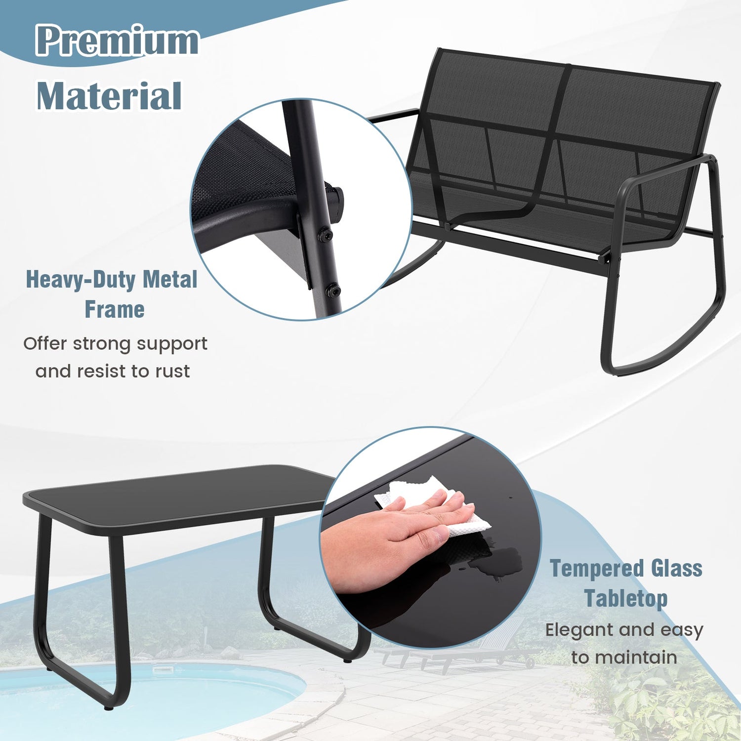 Juego mecedor de patio de 4 piezas con mesa de cristal