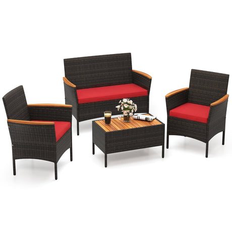 4 Piece Patio Wicker Sofa Set 2 Rattan Chairs and Loveseat with Table-Brown