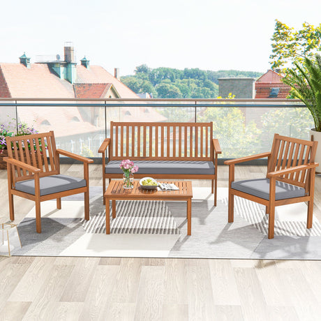 4 Piece Patio Wood Furniture Set Acacia Wood Sofa Set with Loveseat