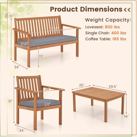 4 Piece Patio Wood Furniture Set Acacia Wood Sofa Set with Loveseat