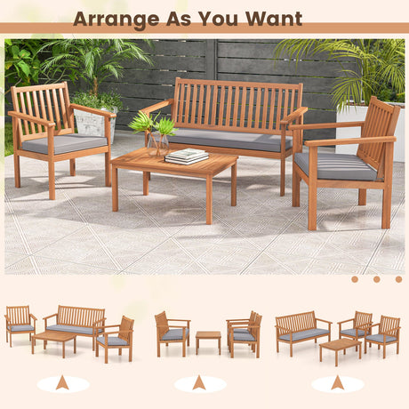 4 Piece Patio Wood Furniture Set Acacia Wood Sofa Set with Loveseat