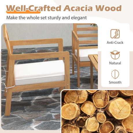 4 Piece Wood Patio Conversation Set with 2 Armchairs and Coffee Table-White
