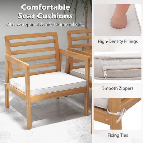 4 Piece Wood Patio Conversation Set with 2 Armchairs and Coffee Table-White