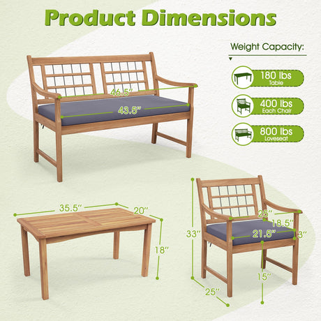 4 Piece Wood Patio Furniture with Armchairs Loveseat and Coffee Table