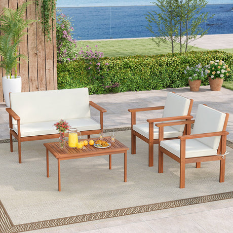 Juego de muebles de patio de 4 piezas con sillas de porche de madera de acacia y mesa - Blanco