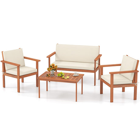 Juego de muebles de patio de 4 piezas con sillas de porche de madera de acacia y mesa - Blanco