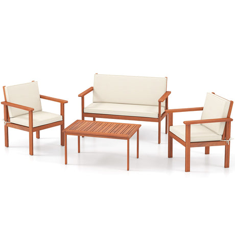 Juego de muebles de patio de 4 piezas con sillas de porche de madera de acacia y mesa - Blanco