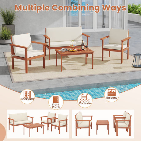 Juego de muebles de patio de 4 piezas con sillas de porche de madera de acacia y mesa - Blanco