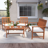 Juego de 4 muebles de madera de acacia con cojines de asiento y robusto armazón de madera, color blanco