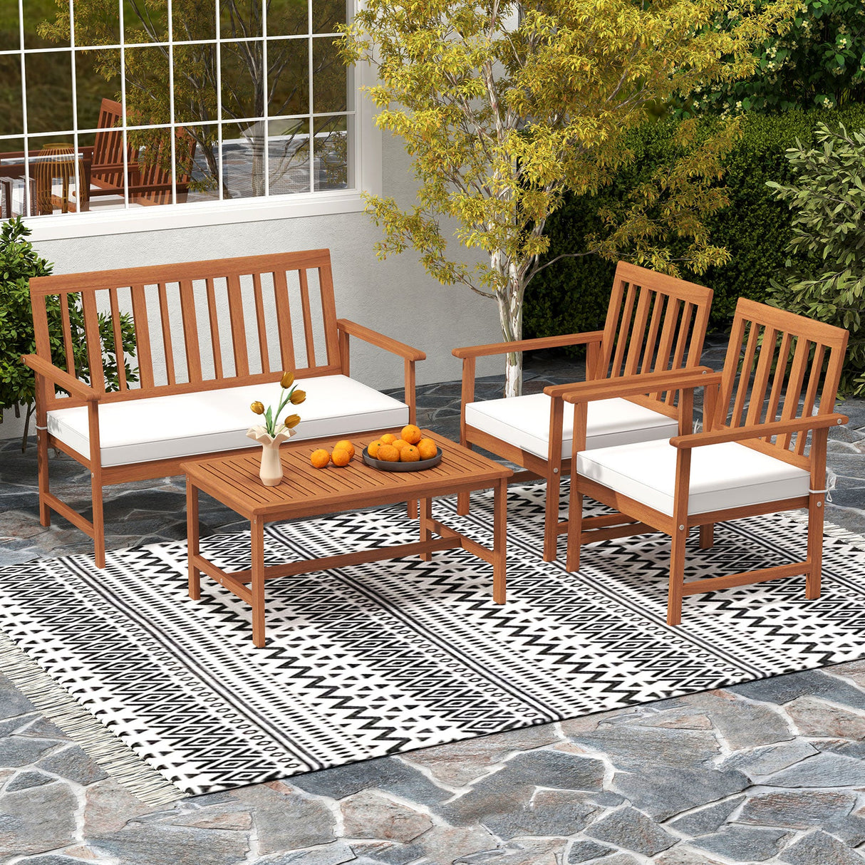 Juego de 4 muebles de madera de acacia con cojines de asiento y robusto armazón de madera, color blanco