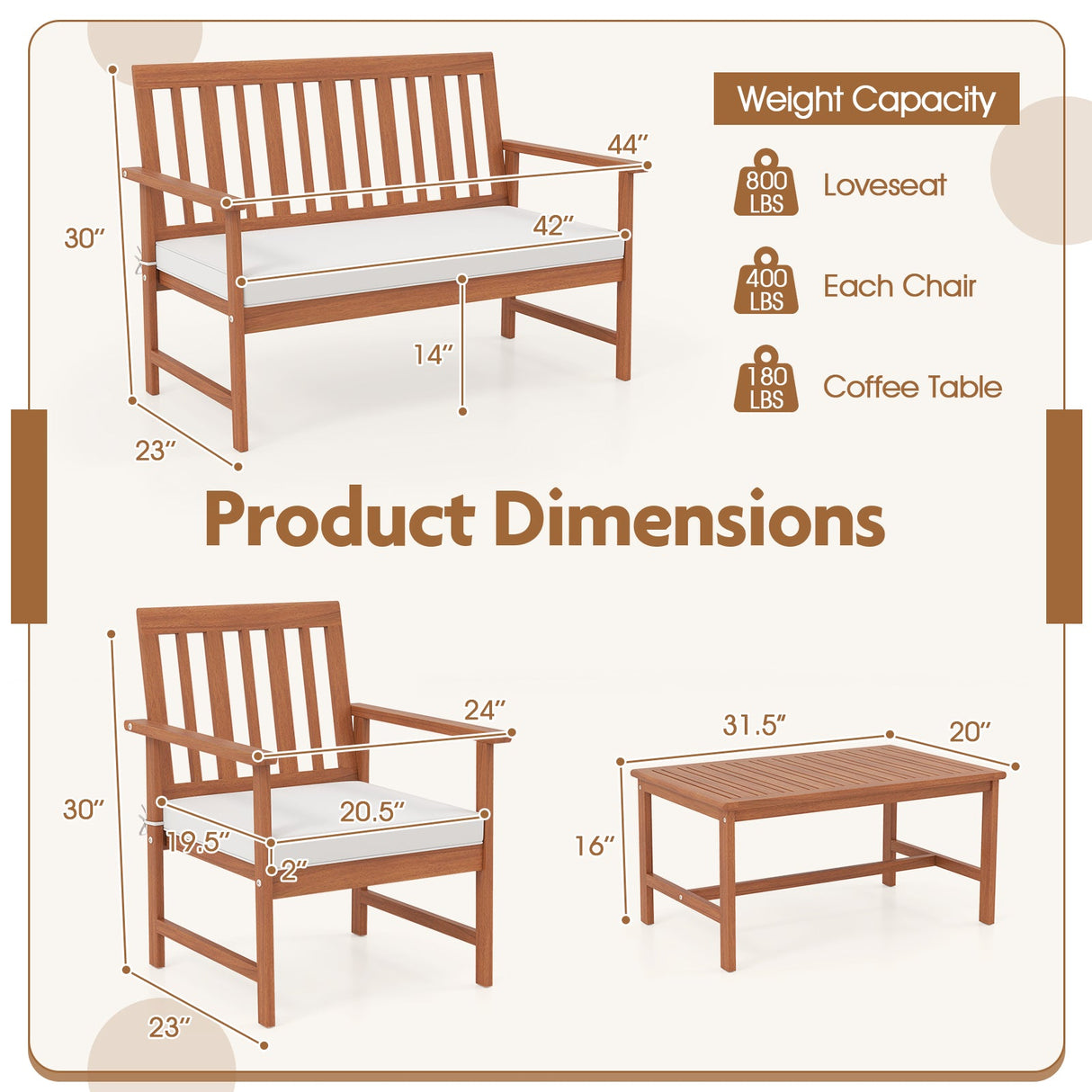 Juego de 4 muebles de madera de acacia con cojines de asiento y robusto armazón de madera, color blanco