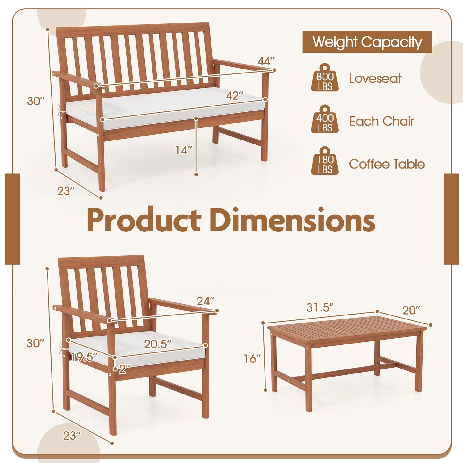 Juego de 4 muebles de madera de acacia con cojines de asiento y robusto armazón de madera, color blanco