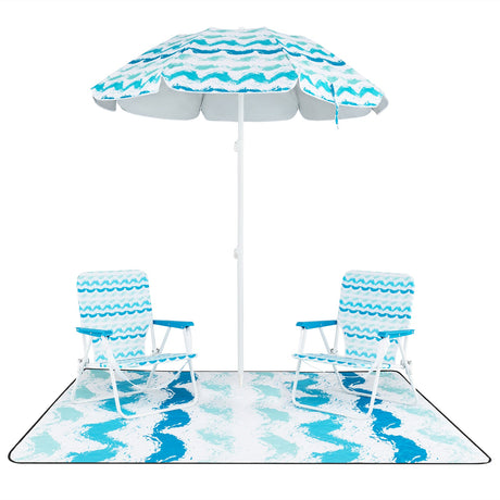 4 Pieces Beach Umbrella Set with 2 Foldable Chairs and Picnic Blanket