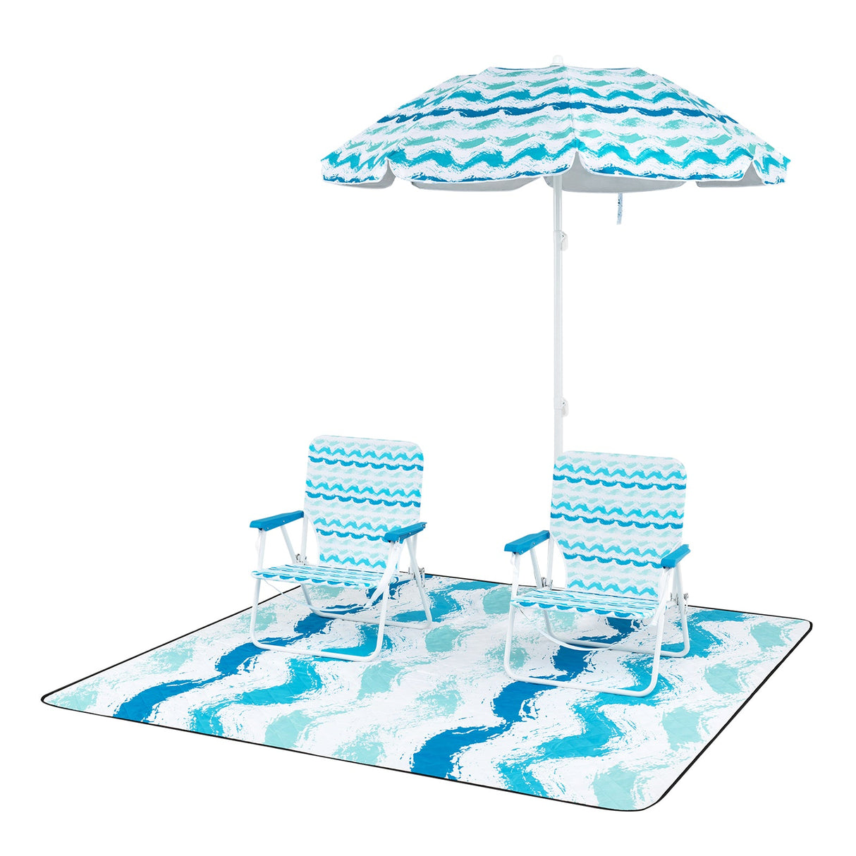 Juego de sombrilla de playa de 4 piezas con 2 sillas plegables y manta de pícnic