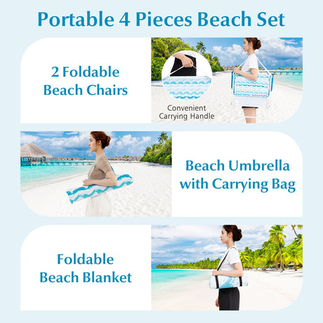 4 Pieces Beach Umbrella Set with 2 Foldable Chairs and Picnic Blanket