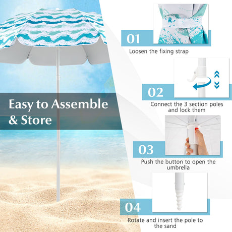 4 Pieces Beach Umbrella Set with 2 Foldable Chairs and Picnic Blanket