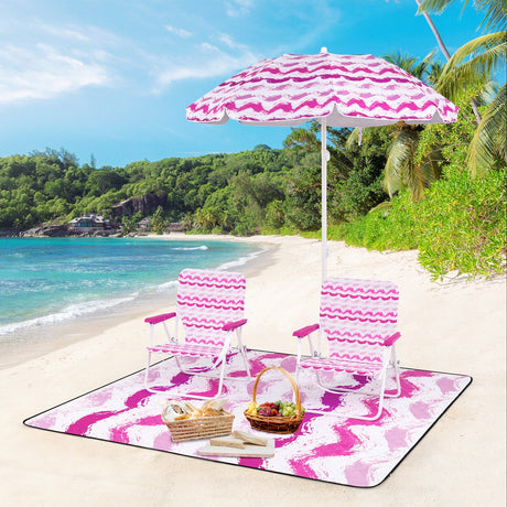 4 Pieces Beach Umbrella Set with 2 Foldable Chairs and Picnic Blanket