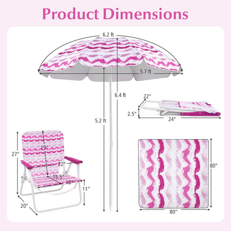 4 Pieces Beach Umbrella Set with 2 Foldable Chairs and Picnic Blanket