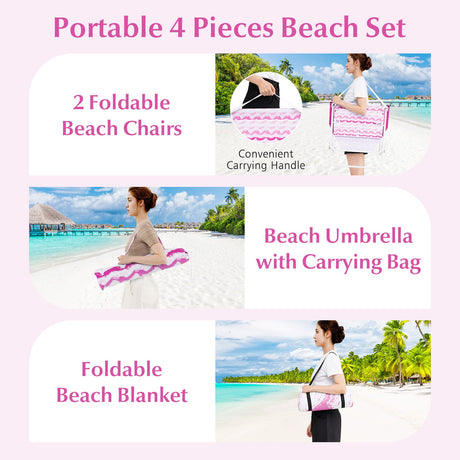 4 Pieces Beach Umbrella Set with 2 Foldable Chairs and Picnic Blanket