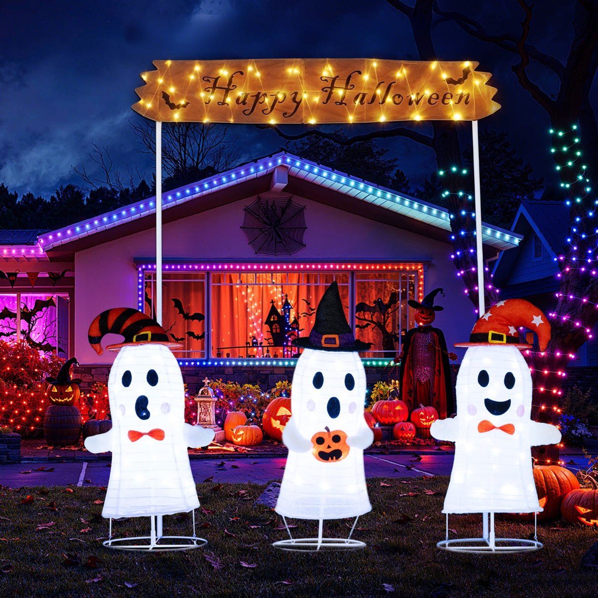 4 Piezas de Decoración de Halloween Fantasmas con Portón y Luces LED que Aparecen