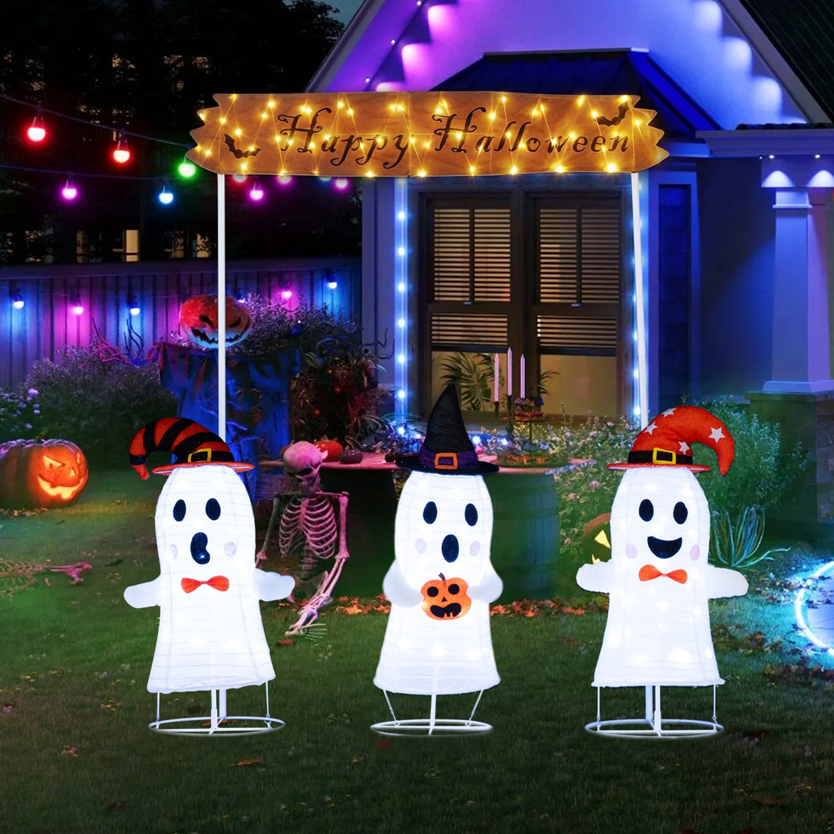 4 Piezas de Decoración de Halloween Fantasmas con Portón y Luces LED que Aparecen