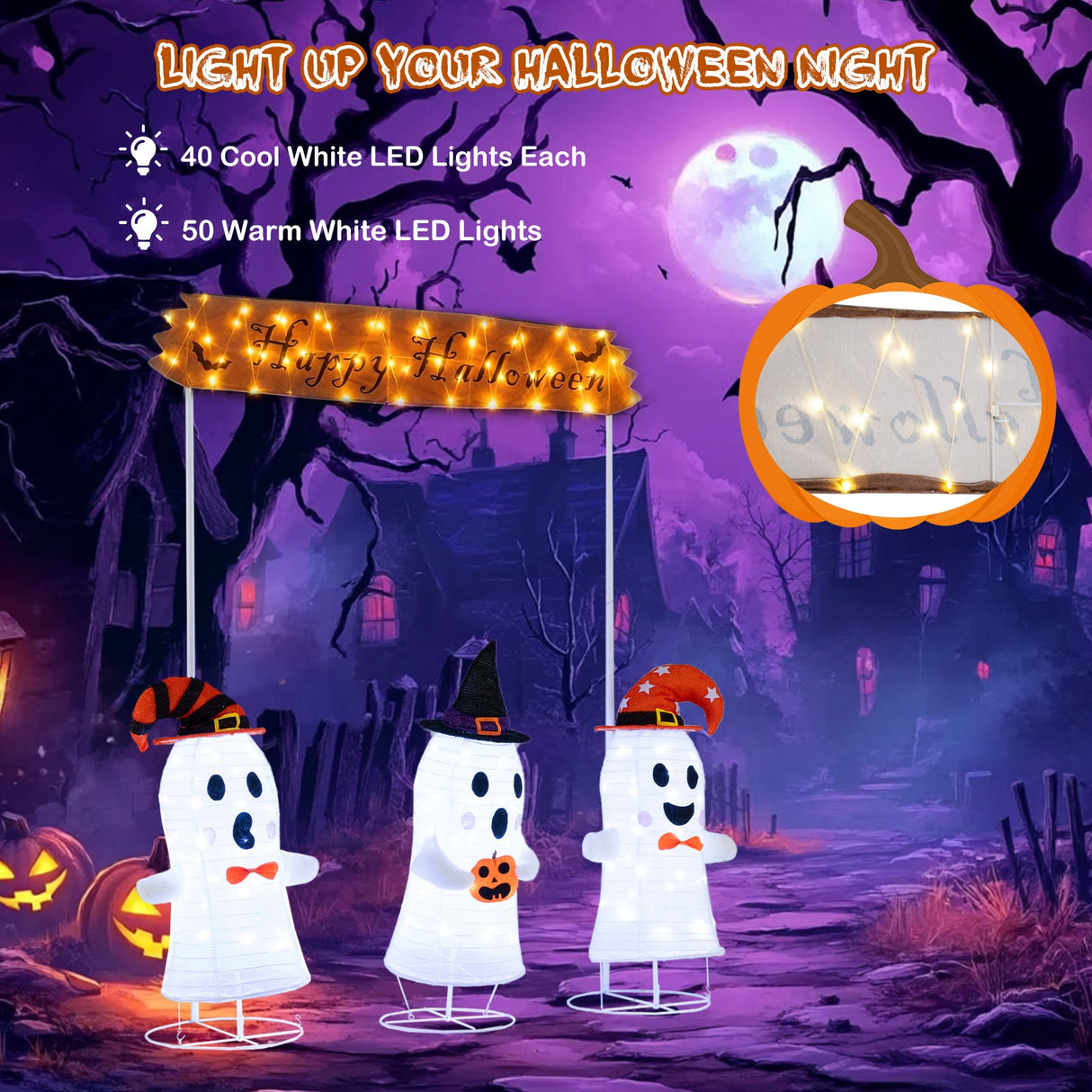 4 Piezas de Decoración de Halloween Fantasmas con Portón y Luces LED que Aparecen