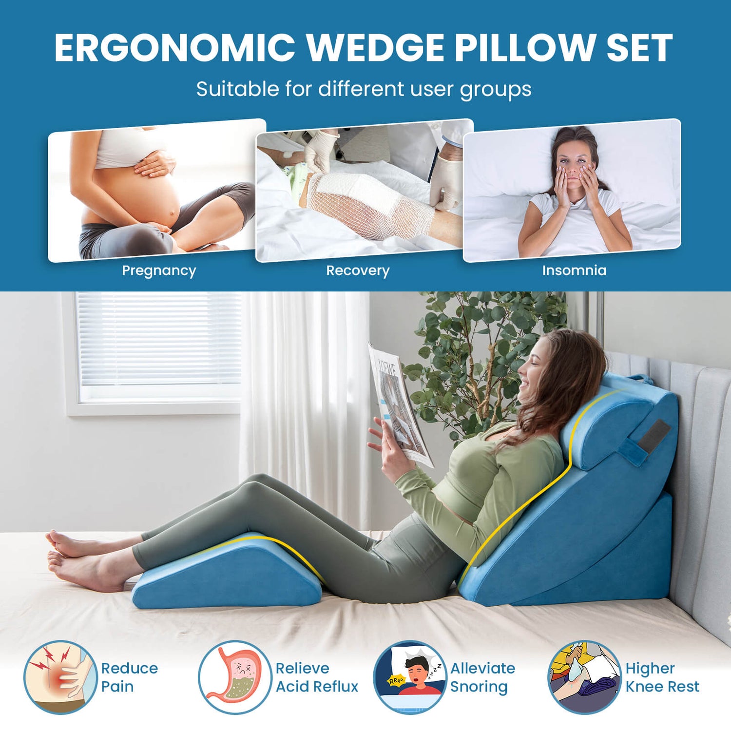Juego de 4 almohadas ortopédicas en cuña para cama para aliviar el dolor, color azul