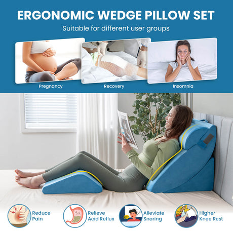 4 Pieces Orthopedic Bed Wedge Pillow Set for Pain Relief-Blue