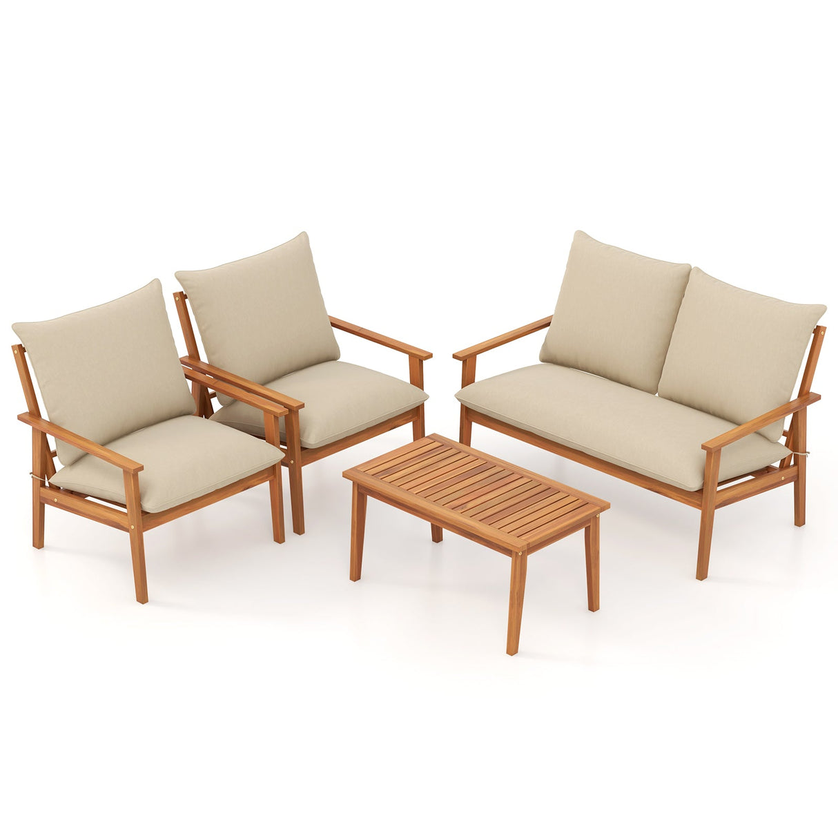 Juego de conversación de 4 piezas de madera de acacia para exteriores con cojines suaves y mesa de centro - Blanco