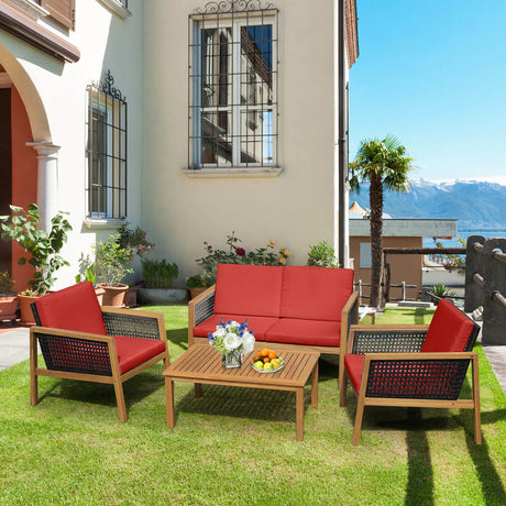 Juego de muebles de ratán para patio de 4 piezas con cojines extraíbles