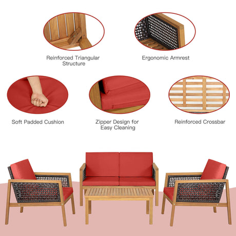 Juego de muebles de ratán para patio de 4 piezas con cojines extraíbles
