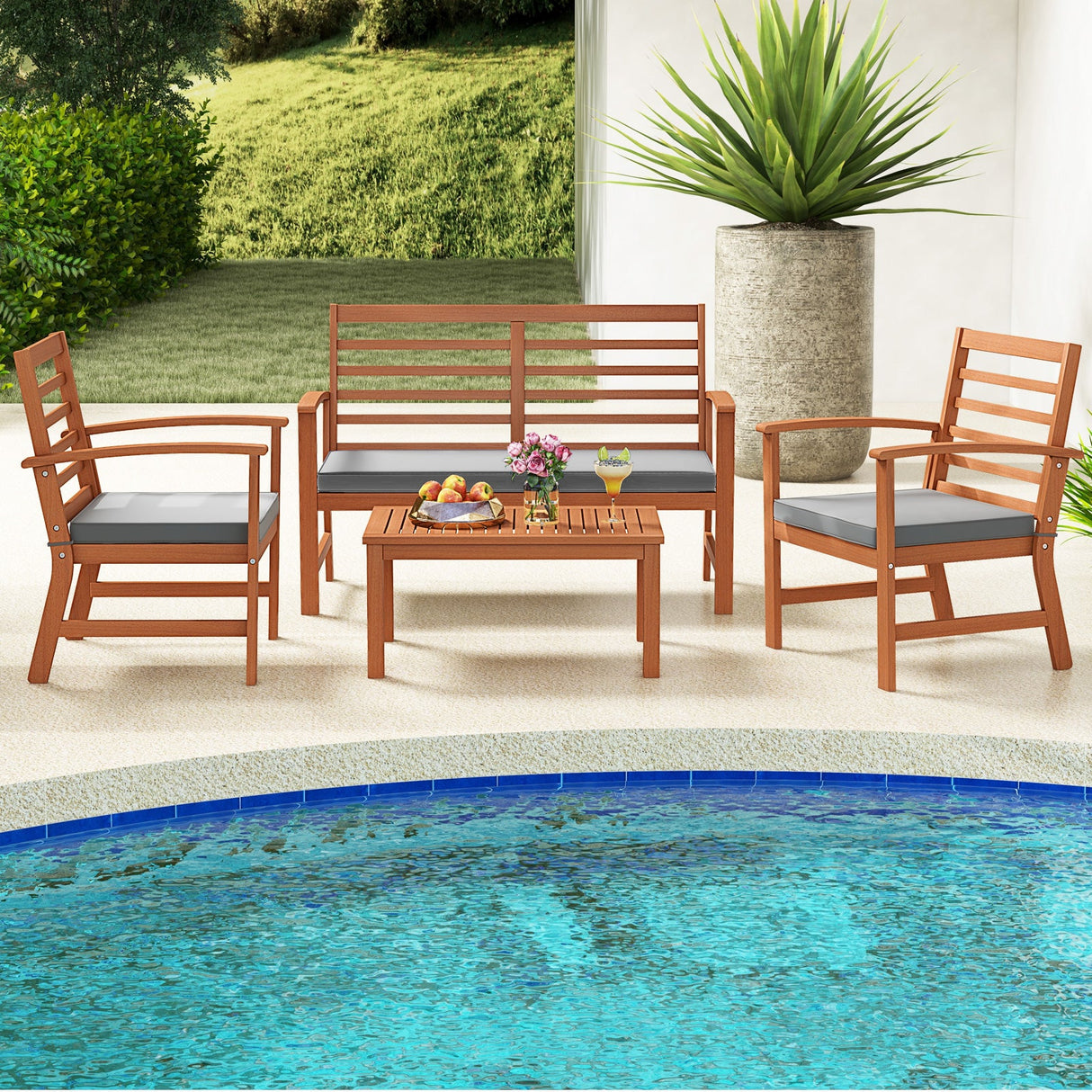 Juego de muebles de exterior de 4 piezas con estructura estable de madera de acacia