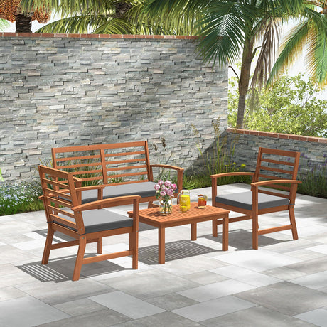 4 Pieces Outdoor Furniture Set with Stable Acacia Wood Frame