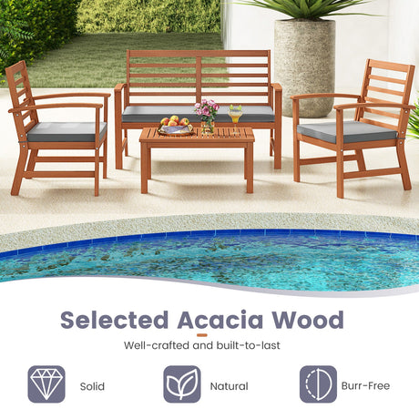 4 Pieces Outdoor Furniture Set with Stable Acacia Wood Frame