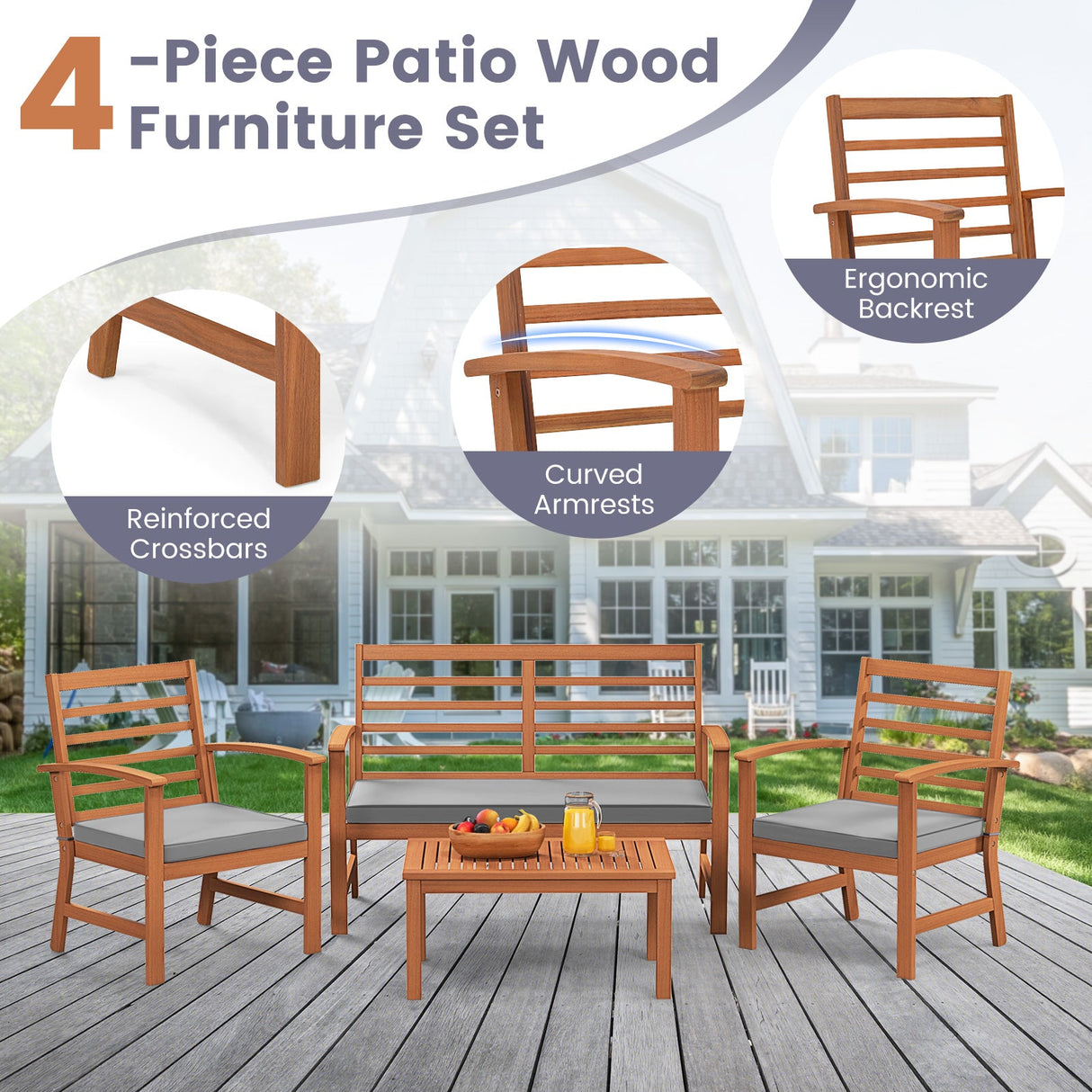Juego de muebles de exterior de 4 piezas con estructura estable de madera de acacia