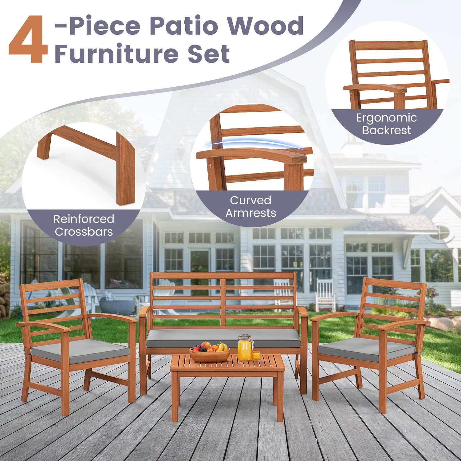 Juego de muebles de exterior de 4 piezas con estructura estable de madera de acacia