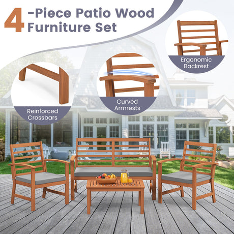 4 Pieces Outdoor Furniture Set with Stable Acacia Wood Frame