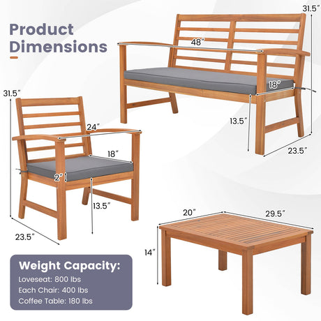 4 Pieces Outdoor Furniture Set with Stable Acacia Wood Frame