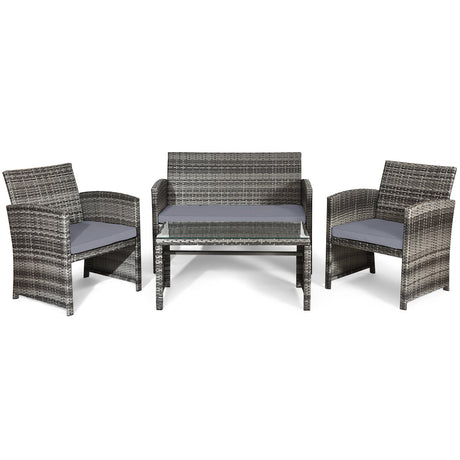 Juego de muebles de patio de ratán de 4 piezas con mesa de cristal y sofá de dos plazas - Gris