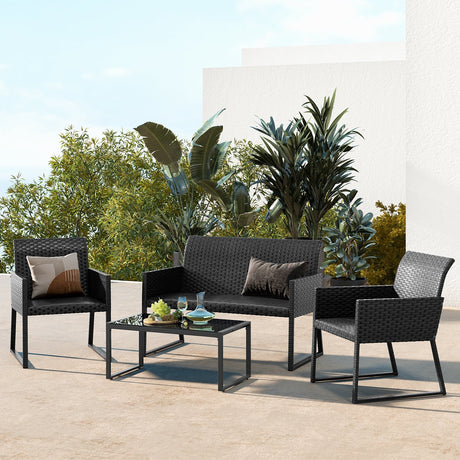 Juego de muebles de patio de mimbre para exteriores de 4 piezas con espuma de secado rápido para todo tipo de clima para el jardín