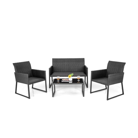 Juego de muebles de patio de mimbre para exteriores de 4 piezas con espuma de secado rápido para todo tipo de clima para el jardín