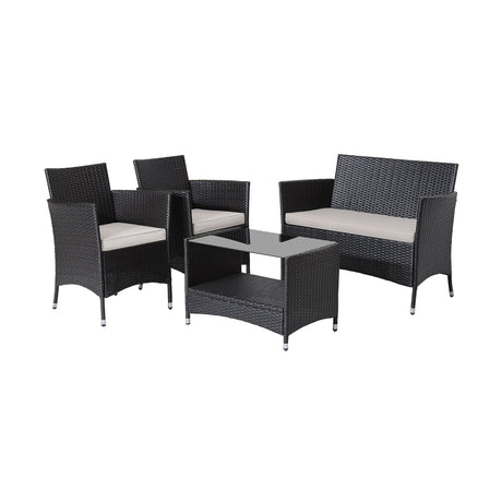 Juego de patio de 4 piezas con cojines suaves y mesa con superficie de vidrio templado