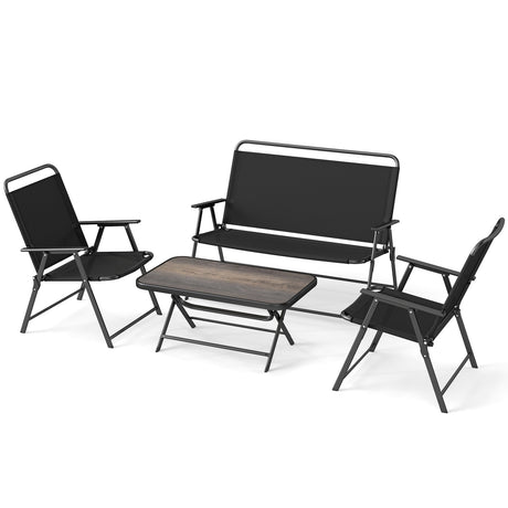 Juego de muebles plegables de patio de 4 piezas con mesa de centro de SPC y sillas de patio - Negro