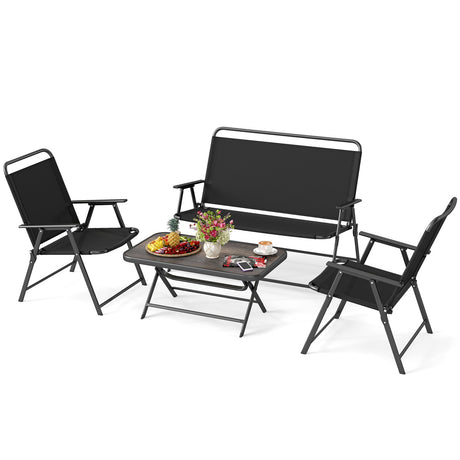 Juego de muebles plegables de patio de 4 piezas con mesa de centro de SPC y sillas de patio - Negro