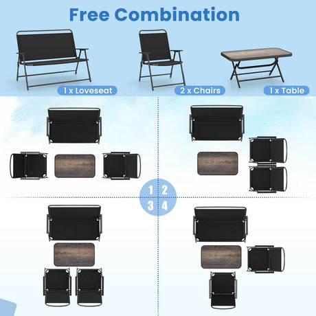 Juego de muebles plegables de patio de 4 piezas con mesa de centro de SPC y sillas de patio - Negro